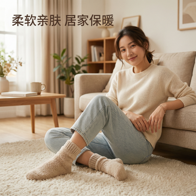 [主图 4] 居家穿搭场景展示
[主图主题] 居家地板袜穿搭展示
[氛围/风格] 温馨生活化，慵懒居家氛围，暖光质感
[画面元素] 同一位亚洲女生，穿着燕麦色加绒雪地袜，坐在居家客厅毛绒地毯上，靠着沙预览效果