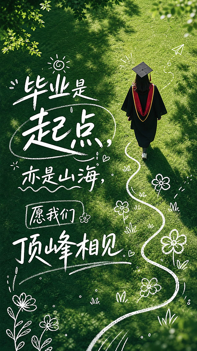模仿参考图的设计风格和调性，绿色草地树荫背景，学士服背影人物，手绘简笔画装饰，更换文案为"毕业是起点，亦是山海，愿我们顶峰相见"，排版细致，排版整体差异化创意，尺寸9:16，保留清新氛围感和手写涂鸦风格