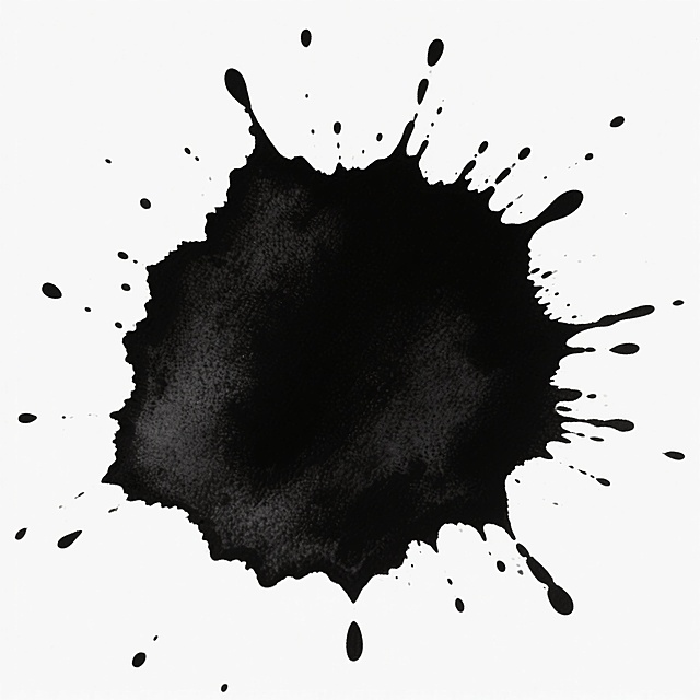 一个大型的、不规则形状的纯黑色墨渍污渍，位于画面中央，边缘有向外飞溅的墨滴和细小墨点，墨渍中心浓郁饱满，边缘逐渐变淡，具有自然的液体泼溅纹理和随机性，背景为纯白色，整体呈现出简洁、原始的污渍素材质感。