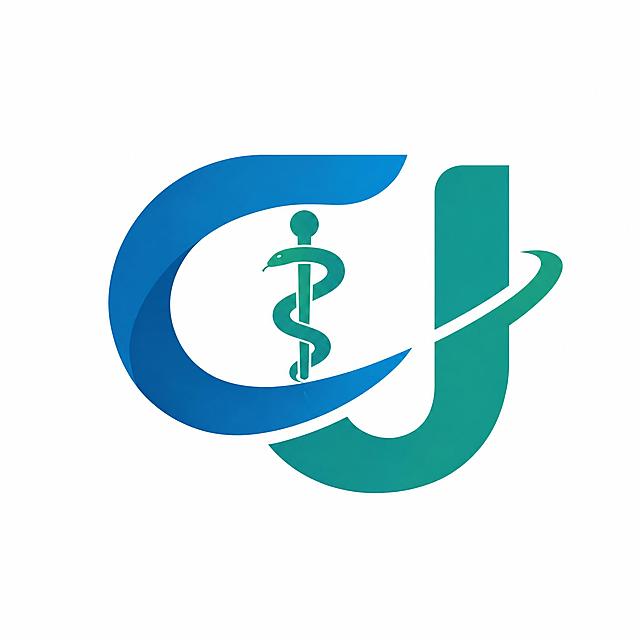 将logo中间的心电图波形替换为全新的医疗相关图形，采用医学蛇杖（阿斯克勒庇俄斯之杖，单蛇缠杖）的简化抽象造型，保持整体GJ字母造型和蓝绿色渐变风格不变，简约现代，矢量风格，白色背景，与心电图版本完全不同