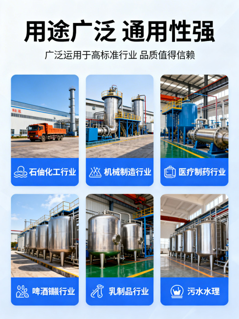 专业工业宣传图，顶部大标题为"用途广泛 通用性强"，副标题为"广泛运用于高标准行业 品质值得信赖"，下方分两排6个卡片模块，分别对应石油化工行业、机械制造行业、医疗制药行业、啤酒酿造行业、乳制品行业、预览效果