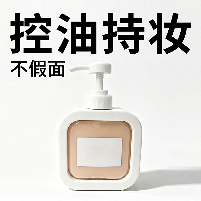 拼多多详情卖点图，展示这款挤压瓶半成品粉底液，突出控油持妆卖点，简约ins风，纯白背景，产品居中展示，搭配醒目的卖点文字"控油持妆 不假面"，正方形构图1:1