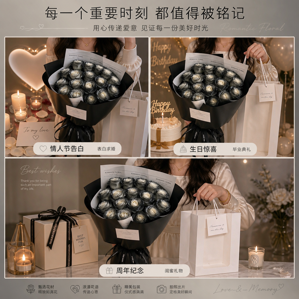 [商品] 使用【图3】黑骑士渐变玫瑰香皂花束+白色手提礼袋（人… - 图片创意预览