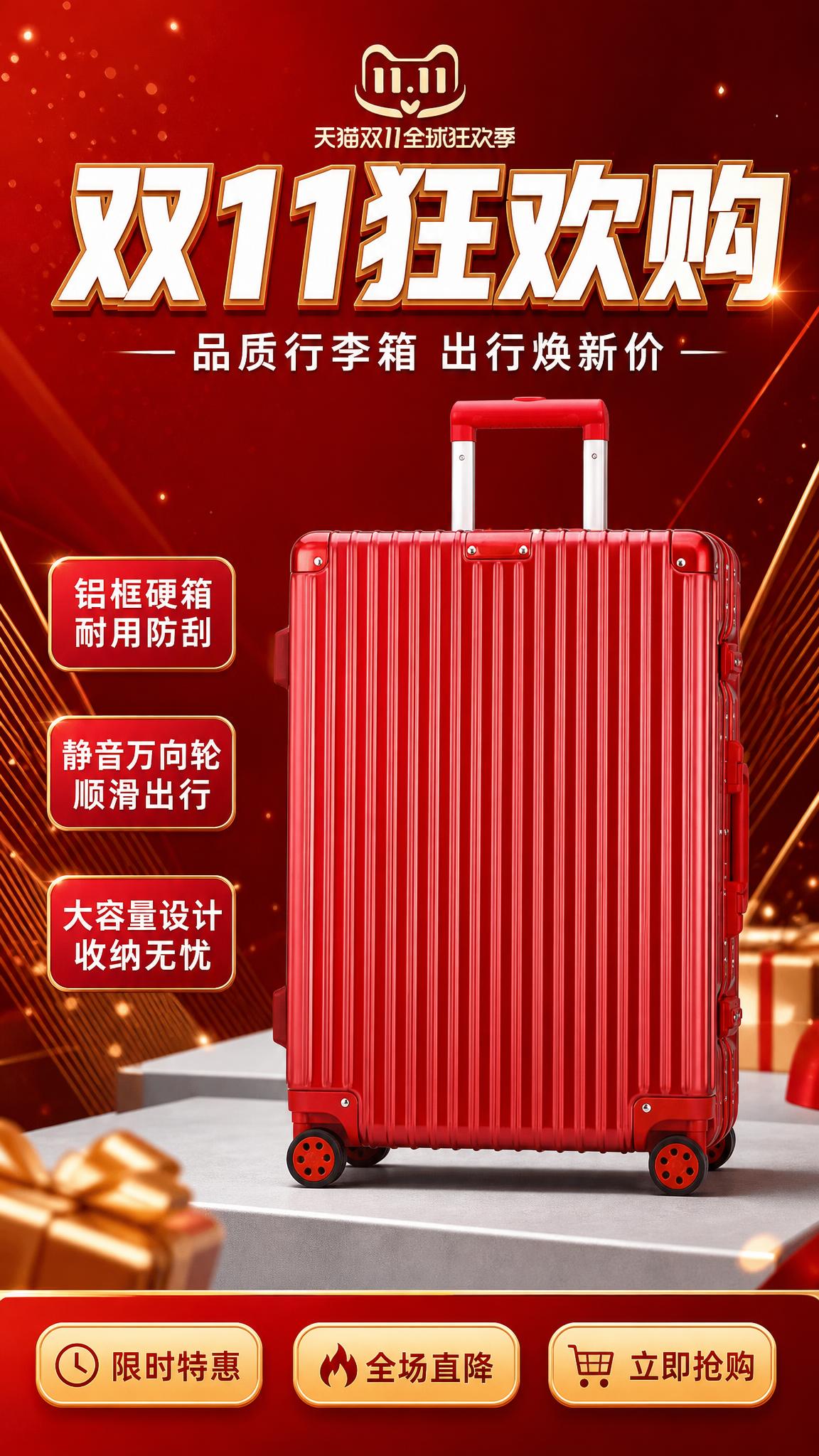 双十一竖版商品促销海报，红色行李箱为绝对主体，100%还原上传… - 图片创意预览