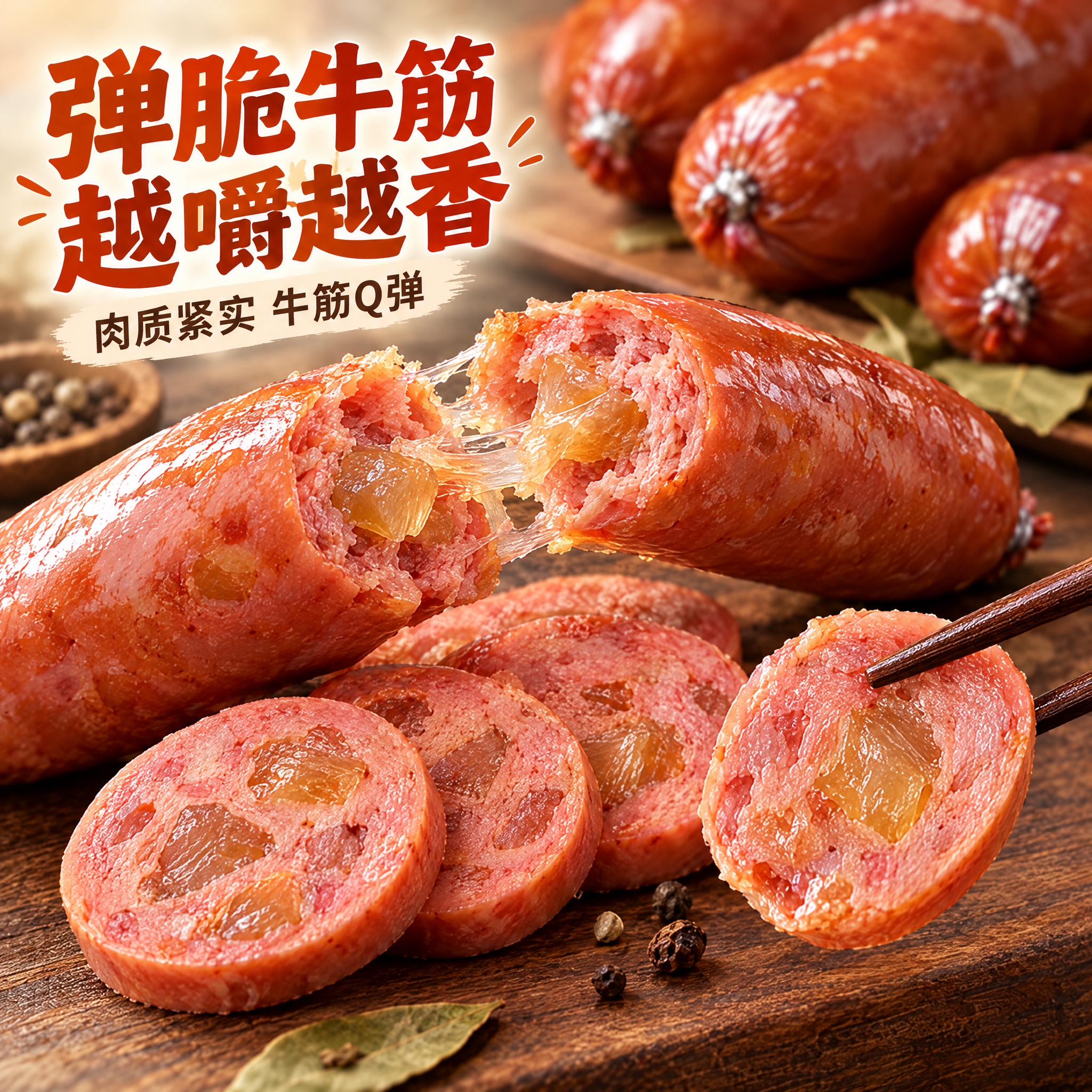 [主图-3] 牛筋火腿肠 细节与口感展示 突出弹脆口感和肉质细… - 图片创意预览