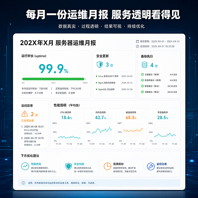 [详情图4-服务报告示例] 服务器运维月报展示图，核心任务是用可视化报告界面证明服务专业透明，让用户看到交付物是什么样。
[统一基调] 商务科技风格，深蓝渐变背景配青色科技光效，主标题白色粗体无衬线字，副标题浅灰色，强调色用青色和橙色点缀，卡片用半透明深色玻璃拟态，圆角16px，图标用线性简约风格，整体专业可信克制。
[画面] 画面中央是一个模拟的月报界面截图效果，白色背景卡片，标题栏写"202X年X月 服务器运维月报"。报告内分几个模块：运行时长99.9%用大数字+进度条展示，安全更新3项用列表，备份执行4次全部成功用勾选列表，访问异常2次已处理，性能指标区域放CPU/内存/磁盘/带宽四个迷你趋势折线图，下月优化建议区域。月报卡片有立体感和投影。
[光影质感] 科技感柔光，月报卡片有真实投影，图表线条清晰，整体干净专业。
[配色] 主背景深蓝#0a1929渐变，月报卡片白底深字，数据数字青色#00b8d4，图表线条青色和橙色搭配，进度条用绿色填充。
[文字版式] 顶部大标题"每月一份运维月报 服务透明看得见"，白色粗体。月报卡片内标题黑色粗体，各模块小标题深灰色，数据数字大号青色，说明文字小号深灰。图表清晰简洁。
[输出要求] 1:1正方形，2048px，文字清晰可读，报告界面真实感强，无变形错字，无水印无平台Logo。