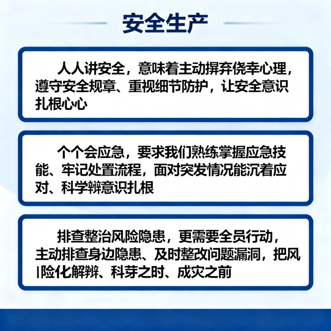 安全生产宣传图，分为三个文本框，第一个框内写文案"人人讲安全，意味着主动摒弃侥幸心理，遵守安全规章、重视细节防护，让安全意识扎根心底"，第二个框内写文案"个个会应急，要求我们熟练掌握应急技能、牢记处置预览效果