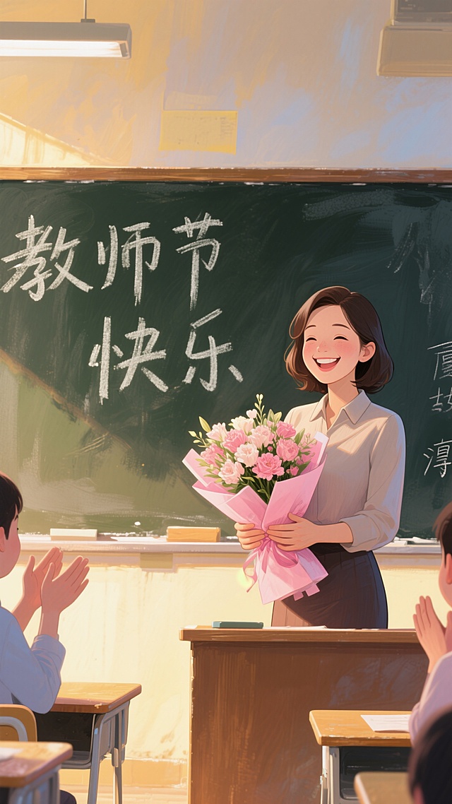 教师节海报场景
教室里，黑板上写着 “教师节快乐” ，一位笑容灿烂的女教师捧着粉色包装的一束花站在讲台上面对学生，学生鼓掌，暖黄色光影，正视，画面重心居下
