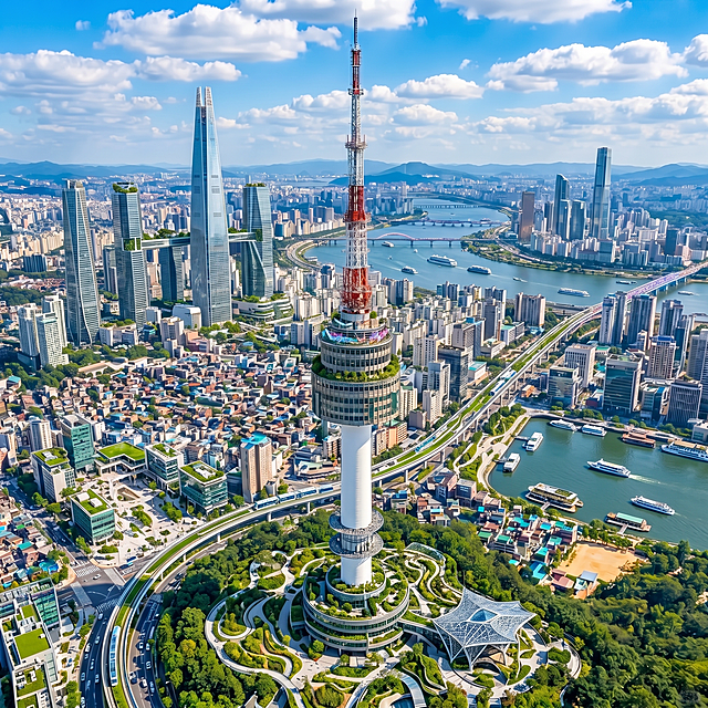 韩国首尔，未来感都市鸟瞰图，融合现代建筑与自然生态，玻璃风塔楼与金属结构交织，光影流动，呈现科技与商务交融的清透宽阔之境。