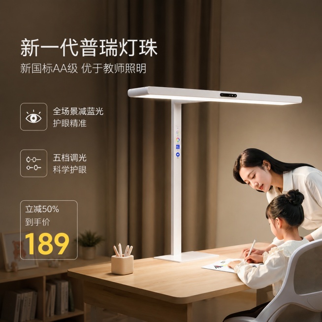 [单张主图] 全新一代普瑞灯珠AA级护眼大路灯，高级氛围感主图，适配高客单定位，打造简约专业高品质的电商主图。
[画面主体] 白色立式大路灯主体放置在画面中央偏右，保持产品外观物理结构、材质质感、颜色预览效果