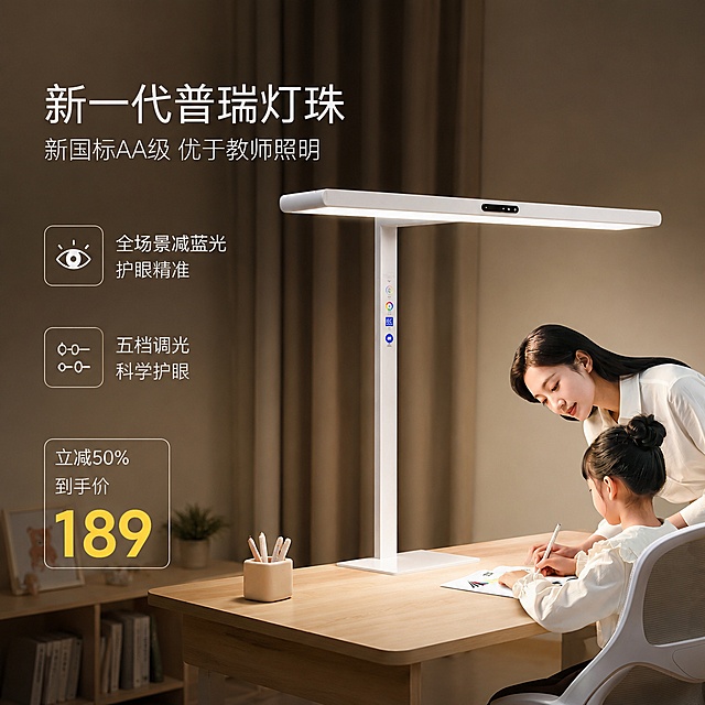 [单张主图] 全新一代普瑞灯珠AA级护眼大路灯，高级氛围感主图，适配高客单定位，打造简约专业高品质的电商主图。
[画面主体] 白色立式大路灯主体放置在画面中央偏右，保持产品外观物理结构、材质质感、颜色、灯杆标识与输入产品图绝对一致，杜绝任何变形和色差，精细化处理。大路灯放置在浅原木儿童学习书桌上，开灯展示均匀柔和的自然光效果，整体画面简约高级，突出产品专业品质。主体占比约55%，布局舒朗。
[构图版式] 采用真实使用场景型，左侧放置主标题和副文案，底部放置三个线稿图标卖点，背景呈现真实儿童书房学习环境，产品放在右下，不遮挡主体，自然留白，符合高客单定位。
[场景元素] 背景为低饱和暖棕色窗帘，桌面为浅原木材质，保留原图中母女陪伴学习的温馨场景，简约不抢主体，营造亲子学习温暖氛围，左侧留白区域放置主文案，底部三个圆角线稿图标展示核心卖点。
[文案版式] 左上区域，主文案：新一代普瑞灯珠，大号细体无衬线；第二行：新国标AA级 优于教师照明，小号浅灰色。三个核心卖点图标从上到下依次为：全场景减蓝光 护眼精准，五档调光 科学护眼，立减50% 到手价 189。价格数字189用大号暖黄色突出，整体文字不遮挡产品主体，保持足够安全边距，排版舒朗高级。
[光影质感] 主光源为柔和自然侧窗光，台灯自身发光在桌面形成均匀柔和的光斑，整体光影通透干净，浅景深虚化背景，突出产品主体，金属材质高光自然真实，桌面反光柔和，整体为高级温馨静物摄影质感。
[配色字体] 主色低饱和暖棕，辅助色原木浅棕，强调色米白和暖黄色。字体采用细轻无衬线字体，主标题字号最大，卖点文字适中，价格数字最大，整体字重克制，留白充足，简约高级，对比清晰。
[比例分辨率] 1:1 比例，2k 分辨率，文字清晰锐利，画面超高清。
[负向提示词] 改变大路灯外观，变形，文字错乱，产品模糊，背景杂乱，水印，电商平台Logo，错字，糊字，遮挡台灯主体，改变产品颜色结构