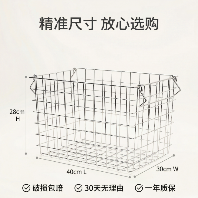 图生图，主体为上传的金属收纳篮，外观与原图完全一致。主图主题：金属收纳篮尺寸与售后展示。氛围/风格：简约干净，清晰专业。画面元素：金属收纳篮居中放置，主体占比50%，背景为浅米白色干净背景，收纳篮上叠预览效果
