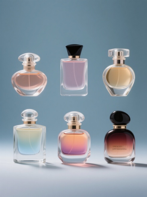 六款造型各异的香水瓶规整排列组合，每款瓶身样式与颜色均不相同，保持香水瓶的核心元素内容，采用纯色背景，高清晰写实摄影风格，强调玻璃材质的通透感与液体的渐变色彩，光影效果突出立体感，整体画面色彩变换丰富且和谐统一，无任何文字、LOGO、二维码及地址信息。预览效果