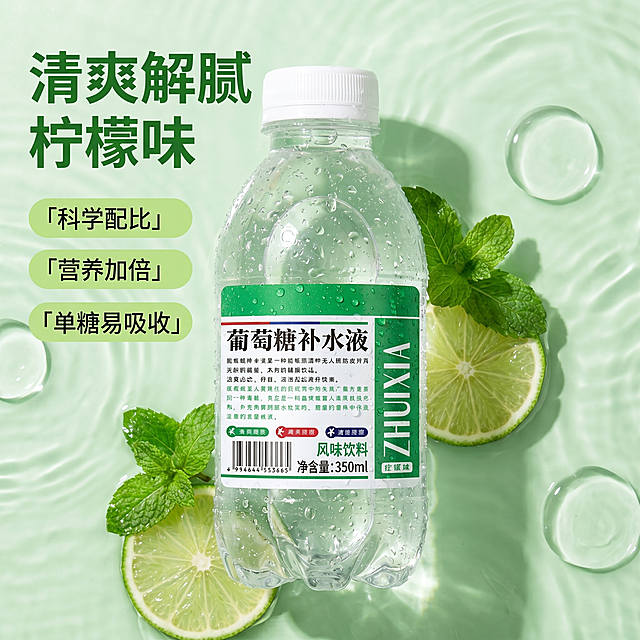 「图片1」，生成一套主图（5张），商品名称是葡萄糖补水液，卖点是科学配比 营养加倍，单糖易吸收，补充能量，运动补水，利用冰块、水波纹、透明水珠元素，放大 “解渴补水” 的体感，和透明瓶身的清爽感完美呼应绿色（柠檬味）+ 薄荷叶 / 青柠片，强化 “清爽解腻”， 粉色（蜜桃 ）+ 淡粉色水波纹，营造 “清甜水润” 感，蓝色（原味）+ 碎冰 / 冷调渐变，突出 “快速降温” 效果风格是冰爽清凉风，适配京东平台，主图比例为1:1「图片1」「图片1」
