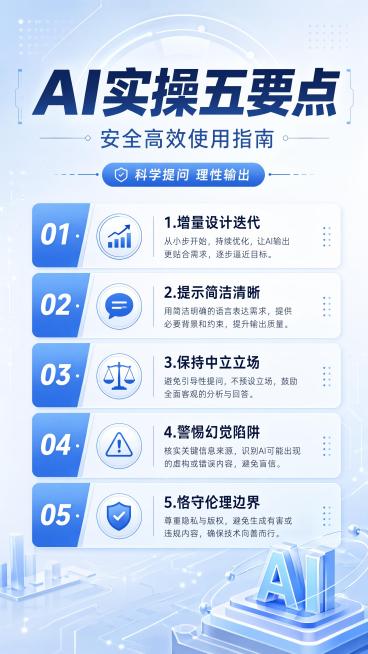 现代简约科技风海报，版式精美。主标题是“AI实操五要点”，副标题是“安全高效使用指南”，装饰文案“科学提问 理性输出”。 五个卖点清晰分点列出：1.增量设计迭代 2.提示简洁清晰 3.保持中立立场 4预览效果