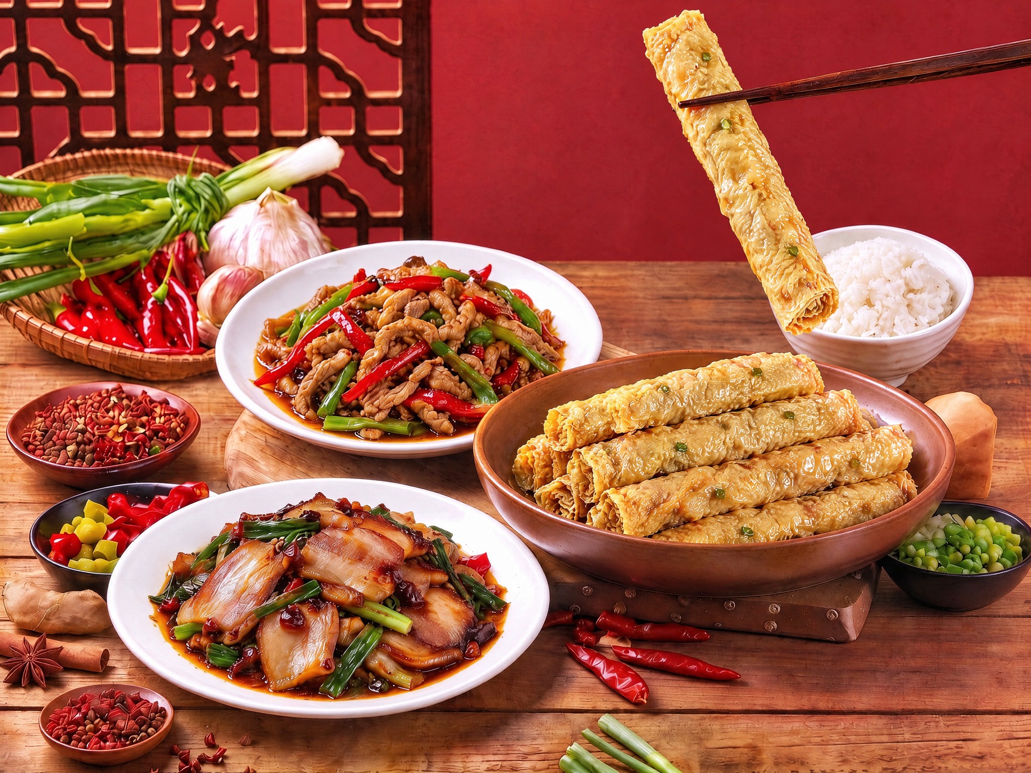 将图中所有卷煎替换为第七张参考图中的卷煎样式（表面有褶皱纹理、… - 图片创意预览