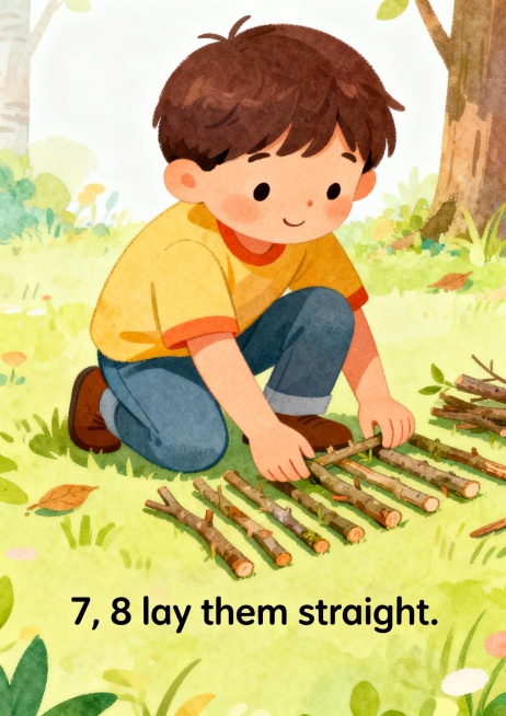 请制作A4竖版儿童卡片 1：
题目1, 2 Buckle My Shoe
内容
1, 2 buckle my shoe.
3, 4 shut the door.
5, 6 pick up sticks预览效果