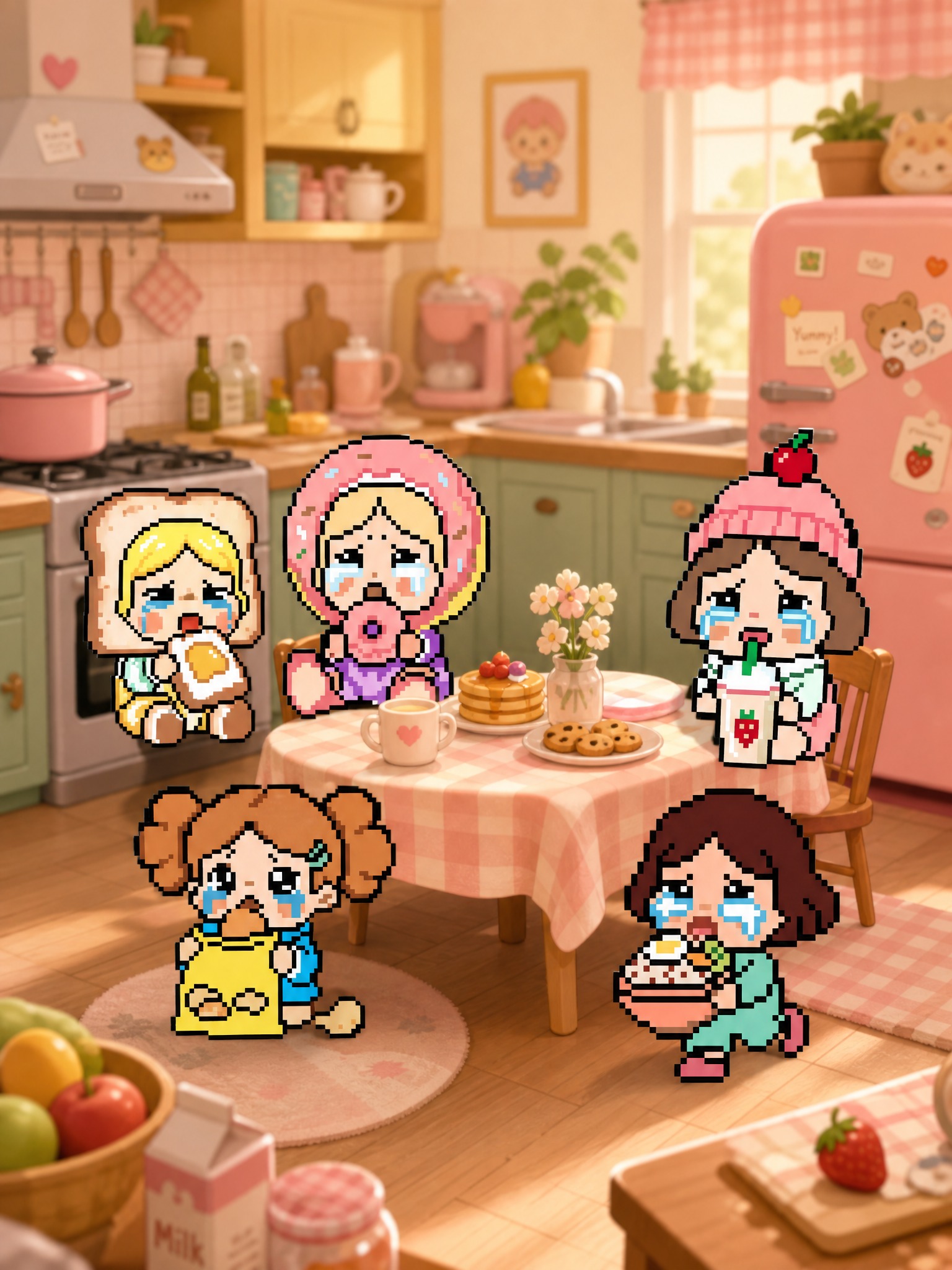 保留原图中全部5个像素风格的Crybaby哭娃美食系列形象，去… - 图片创意预览