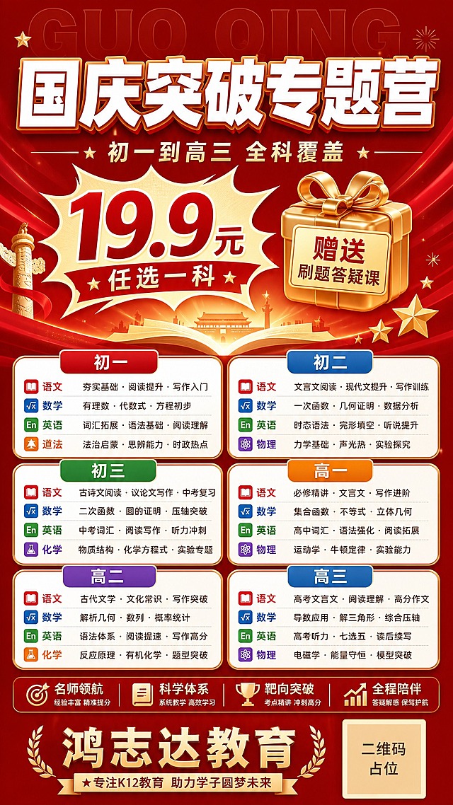 K12教育课程招生竖版海报，9:16比例，红金冲刺集训风格，喜庆大气有国庆节日氛围。深红#C11C1D主背景，米金#F9D8BE文字和装饰，白色辅助色。顶部大标题："国庆突破专题营"，粗大白字带金色描边，视觉焦点；副标题："初一到高三 全科覆盖"，米金色小字。中部醒目价格区：爆炸贴形状，超大字号数字"19.9元"，下方小字"任选一科"，旁边金色礼品图标标注"赠送刷题答疑课"。中下部六个年级课程卡片，分两列三行排列：初一、初二、初三、高一、高二、高三，每个卡片为白底圆角矩形，顶部彩色标题栏写年级名，卡片内列出3-4个主要科目（语文、数学、英语、物理、化学等）及课程要点关键词，内容填充完整无空白。底部机构名"鸿志达教育"，右下角二维码占位符（纯色方块中央标注"二维码占位"文字）。装饰元素：金色细分割线、翻开书本剪影、五角星、半透明大字背景"GUO QING"。版式精美，层级分明，信息丰富但不杂乱，专业教育招生海报质感。画面中所有信息区域和课程卡片必须填充完整合理的内容，不得出现空白框或空单元格。画面中所有数字必须精确渲染，不得错位遗漏。