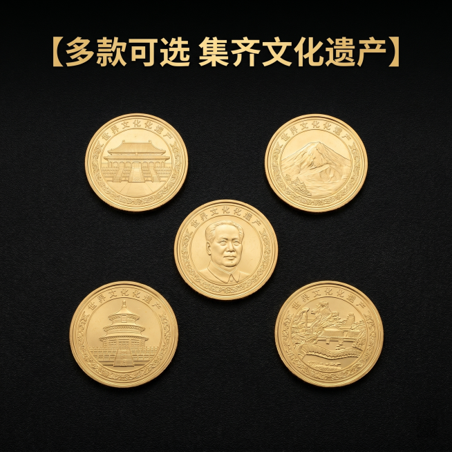 [主图 4] 世界文化遗产纪念币多款式场景展示；保持每款纪念币外观（物理结构、材质质感、颜色）与输入产品图绝对一致；[氛围风格] 大气规整收藏品展示风格；[画质] 商业摄影质感、高清通透、产品清晰；[预览效果