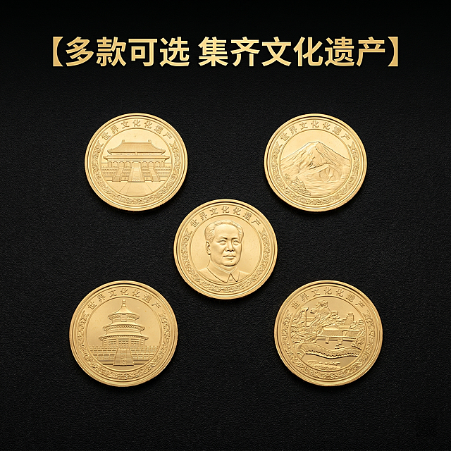 [主图 4] 世界文化遗产纪念币多款式场景展示；保持每款纪念币外观（物理结构、材质质感、颜色）与输入产品图绝对一致；[氛围风格] 大气规整收藏品展示风格；[画质] 商业摄影质感、高清通透、产品清晰；[元素] 五款不同图案纪念币端面整齐排列成矩阵，每一枚都清晰展示不同文化遗产图案，排列均匀，留白合理，放置在质感深色背景上，整体和谐统一；[光影] 均匀布光，每枚纪念币都清晰受光，金属光泽自然；[配色] 深黑背景，金色纪念币，经典大气；[视角构图] 俯视平铺居中构图，所有纪念币完整展示；[文字版式] 顶部标题 【多款可选 集齐文化遗产】 金色粗体，居中排列；[比例分辨率] 1:1 比例，2k 分辨率，超高清；[负向提示词] 变形，文字错乱，水印，背景杂乱，色差，排列不均