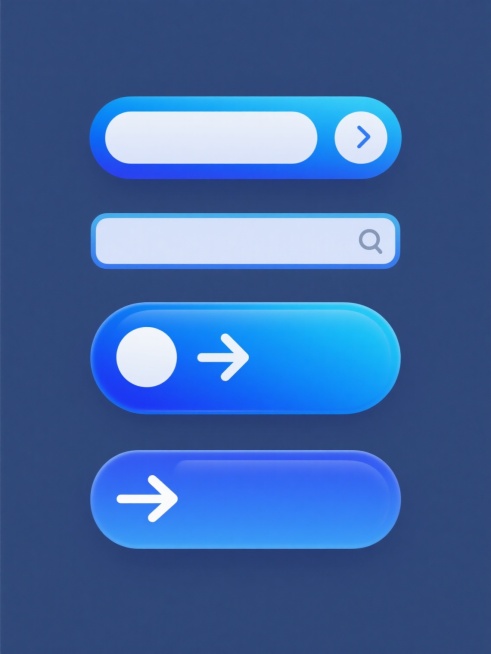 四个具有不同造型的搜索框元素集合，每个搜索框都保持蓝色渐变主体、白色圆形箭头按钮的核心视觉特征，第一个为圆角长方形带右侧箭头按钮，第二个为左侧圆角右侧直角的长条形带内嵌式箭头按钮，第三个为两端半圆中间矩形的胶囊型带箭头图标在按钮内居中的搜索框，第四个为轻微立体凹陷效果的长方形带箭头按钮位于左侧的搜索框，所有元素规整排布在纯色背景上，保持统一的蓝色渐变色调、光滑质感和简洁现代的设计风格。预览效果