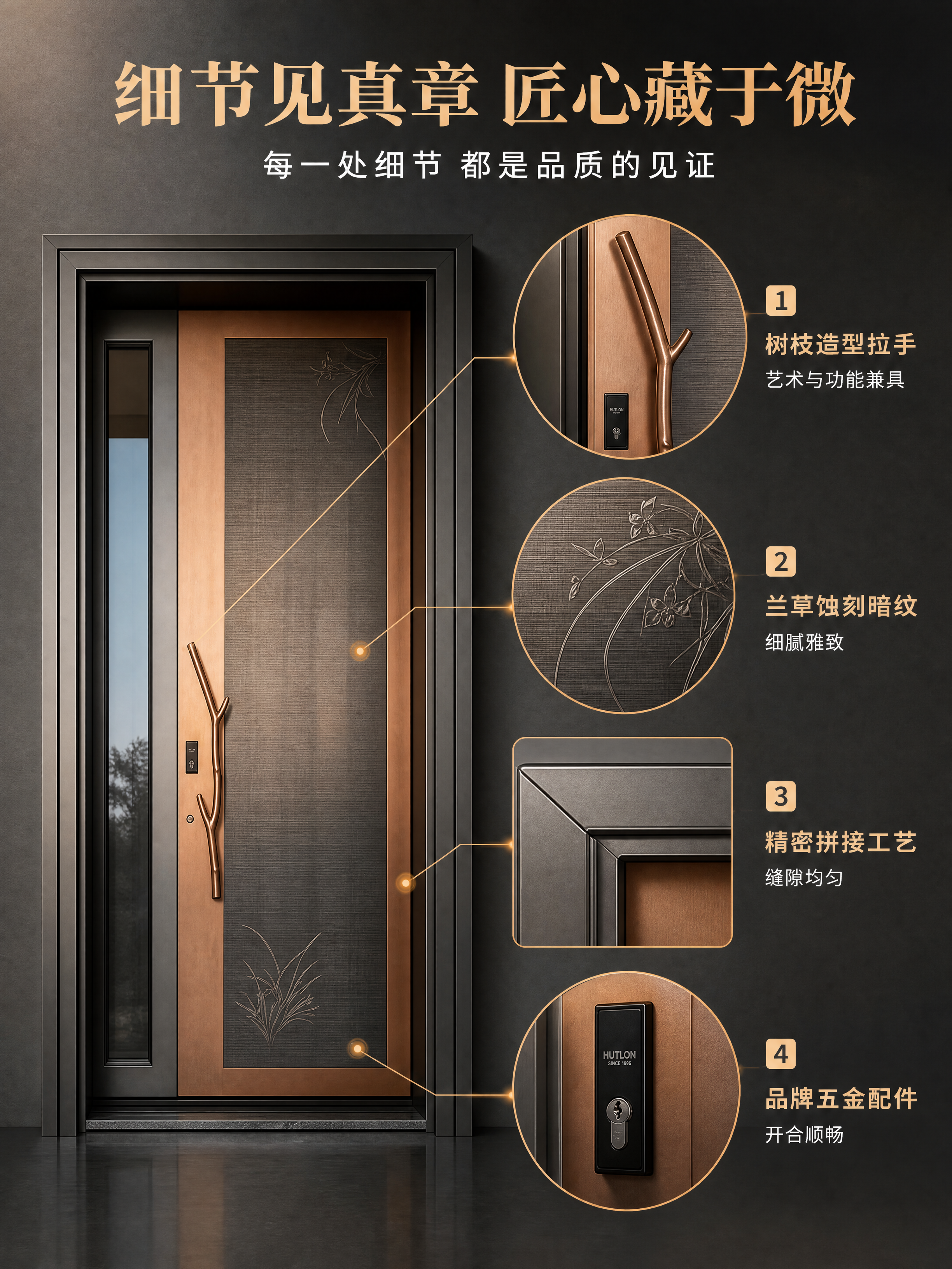 [商品] 使用【图1】清雅兰草花型全铝入户门；重点展示拉手、兰… - 图片创意预览