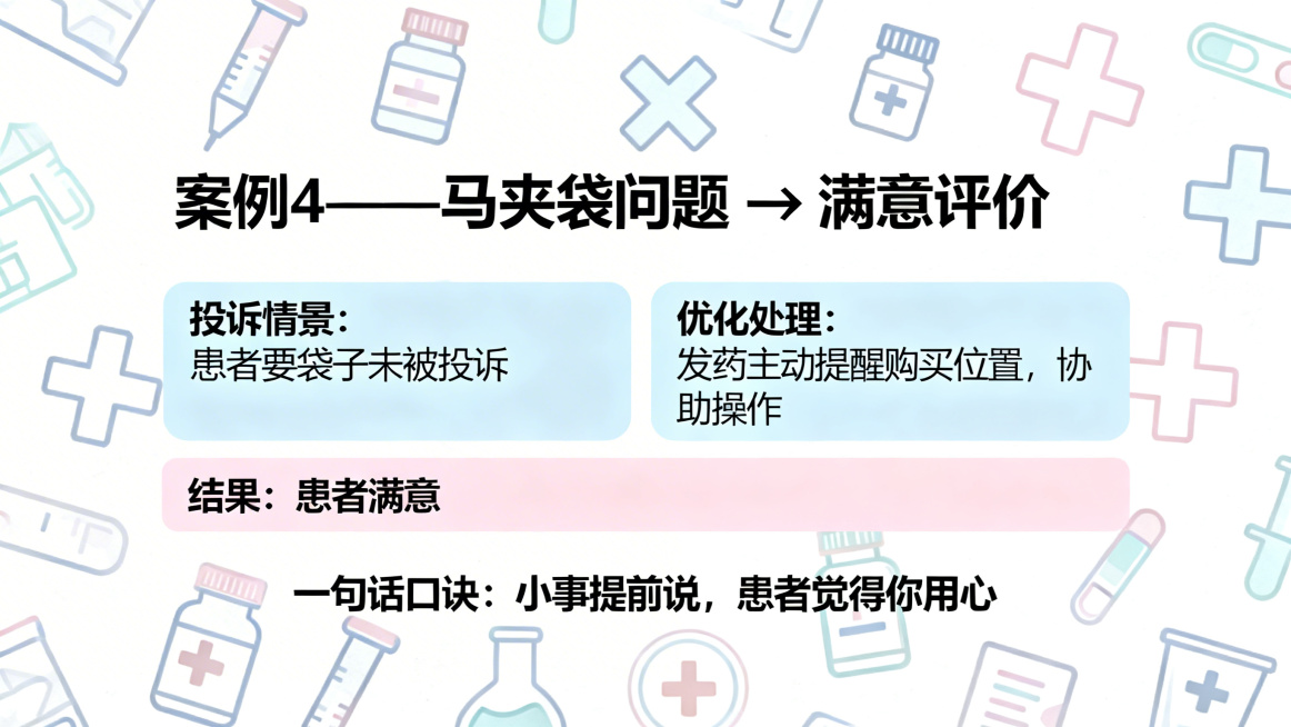 医疗机构药剂科窗口服务培训PPT案例页，标题：案例4——马夹袋问题 → 满意评价，保留核心内容：投诉情景患者要袋子没有被投诉，优化处理发药主动提醒购买位置，协助操作，结果患者满意，一句话口诀小事提前说预览效果