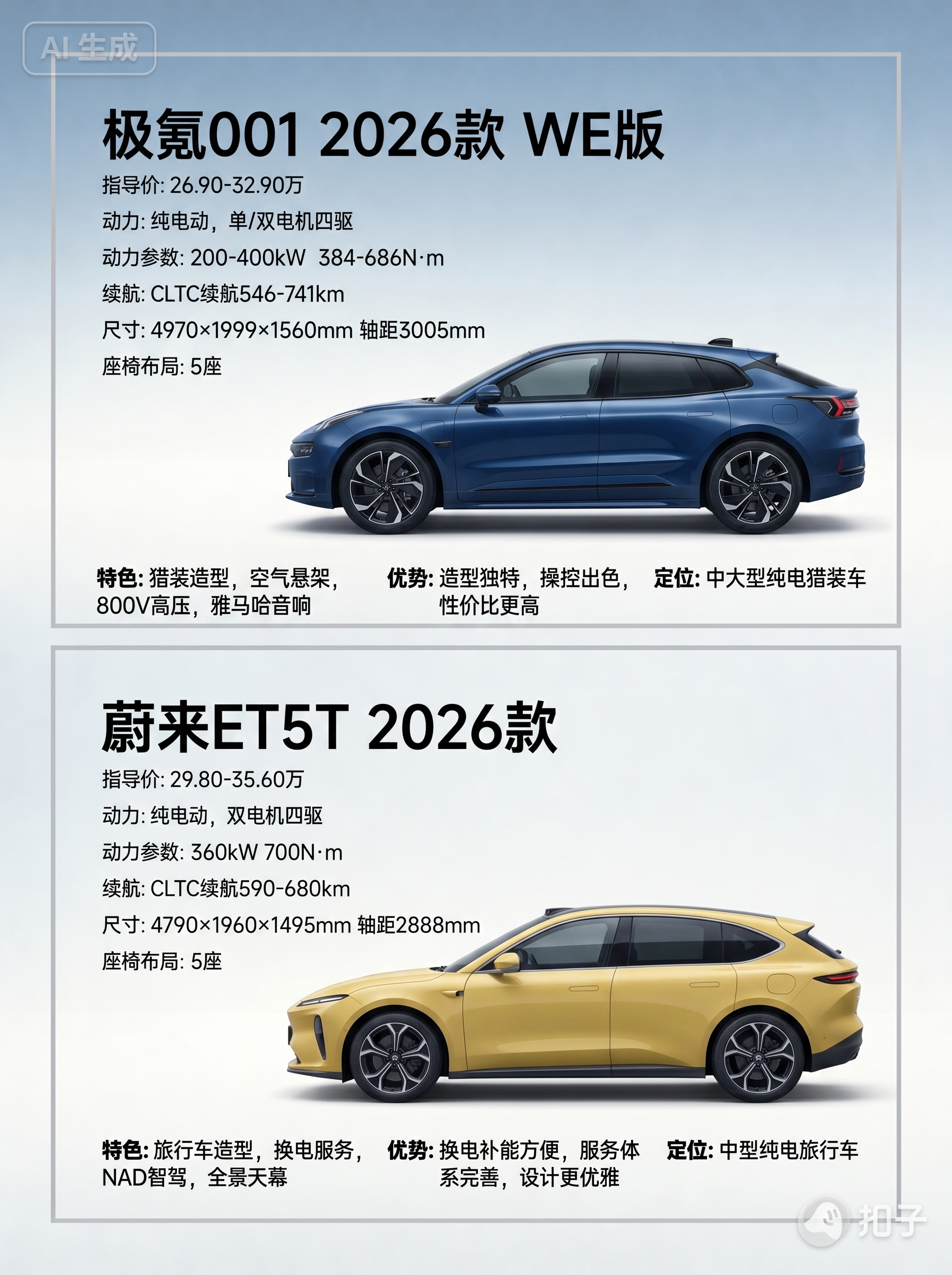1:1复刻参考图版式，生成极氪001 2026款和蔚来ET5T… - 图片创意预览