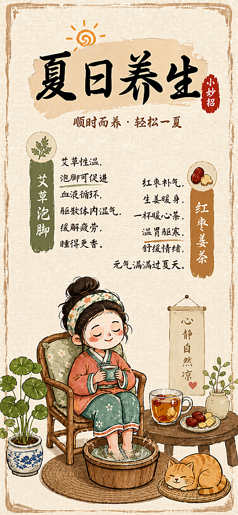夏日传统养生科普分享古风手绘风格手机全屏竖版海报