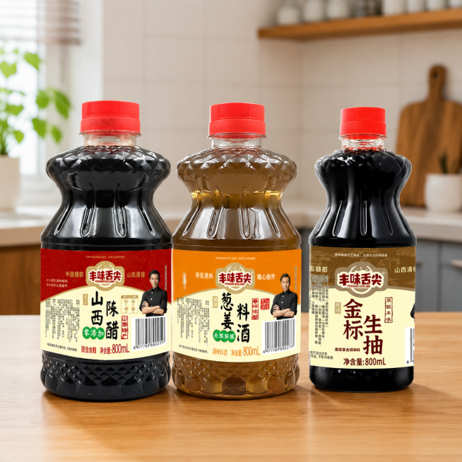 将这三个调味瓶并排放在一个干净整洁的厨房场景的木质桌面上，保持每个瓶子原来的形状和标签内容完全不变，整体画面自然真实预览效果