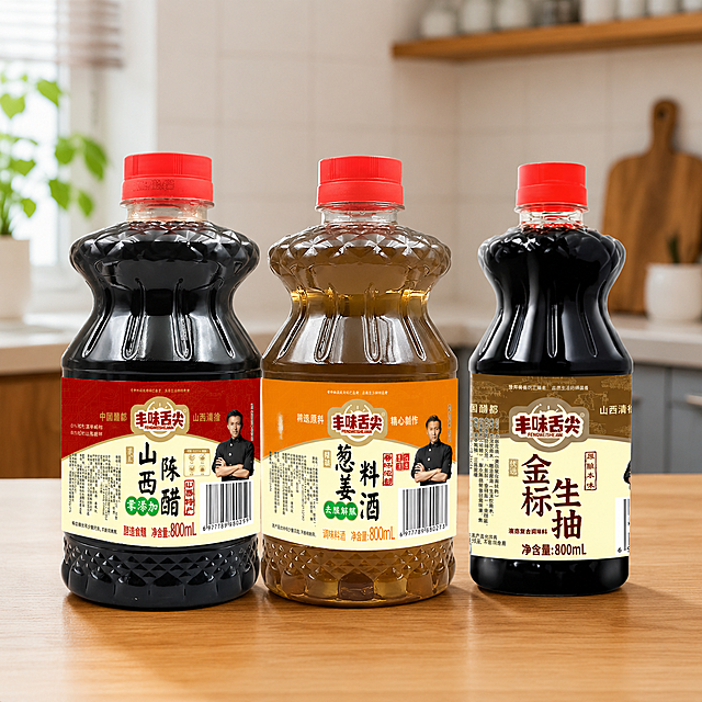 将这三个调味瓶并排放在一个干净整洁的厨房场景的木质桌面上，保持每个瓶子原来的形状和标签内容完全不变，整体画面自然真实