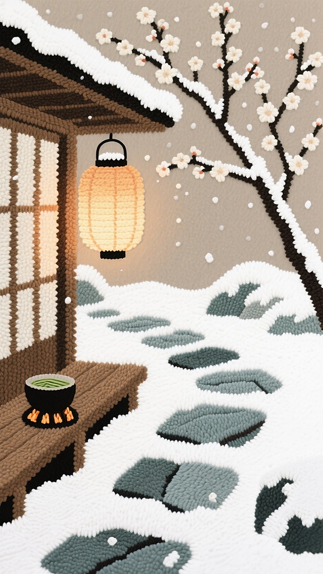日式庭院的青石小径铺雪，石灯笼亮着暖光，梅枝斜伸，花瓣沾雪。木廊下摆着暖炉，放着抹茶碗，雪落在灯笼纸罩上，浅棕 + 雪白配色，静谧禅意的冬日氛围。