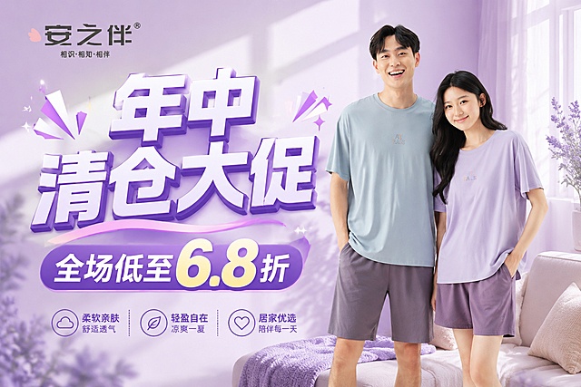 安之伴家居服年中清仓大促海报，横版，背景主色调为有促销氛围的浅紫色系，画面左上角放置安之伴品牌LOGO，画面右侧或主体位置展示安之伴家居服产品图（男女情侣款夏季短袖短裤家居服），画面中央醒目大字文案“年中清仓大促”，下方突出文案“全场低至6.8折”，整体风格温馨舒适又有促销感，不用标出活动时间，排版清晰大气，适合线下门店张贴