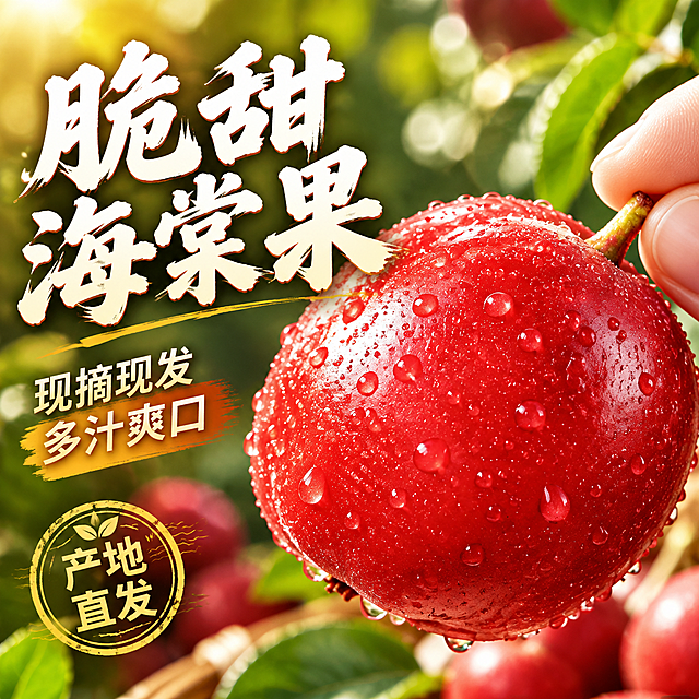 [主图-1] 首图点击率 诱惑食欲主题。展示新鲜海棠果的极致食欲感，突出脆甜多汁的卖点。
[统一基调] 抖音电商风格，强视觉冲击，高清实拍质感，暖色调为主，背景融入自然果园氛围，主标题用粗厚书法体大字，字色为米白色带轻微阴影，辅助文案用清爽黑体，整体画面饱满有张力。
[画面] 画面右侧主体是一颗被手指轻轻捏住的饱满红海棠果，表面布满晶莹水珠，果皮红润有光泽，果形完整不切割。左侧留出负空间放置文案。背景是虚化的绿色果园枝叶和暖阳光斑，营造现摘现发的新鲜氛围。海棠果占画面约60%，位置偏右下，手指自然捏住果柄处，动作真实自然。
[光影质感] 自然暖阳逆光照射，海棠果表面有通透的光泽感，水珠折射光线形成亮点，果皮纹理清晰可见，整体商业摄影质感，阴影柔和自然。
[配色] 主色：海棠果鲜红色；背景色：绿色果园虚化+暖黄色光斑；字色：米白色主标题+浅橙色辅助文案；强调色：金黄色。
[文字版式] 左侧上下排版，主标题"脆甜海棠果"用超大号粗书法体，占据左侧上半部分；下方辅助文案"现摘现发 多汁爽口"分两行，字号为主标题的40%；左下角加一个圆形印章样式"产地直发"小字。文字不遮挡主体果实。
[输出要求] 比例1:1，文字清晰可读，产品清晰锐利，食欲感强；负向：变形、错字、模糊、杂乱、水印、平台Logo、低质素材、9.9包邮字样、虚假宣传。