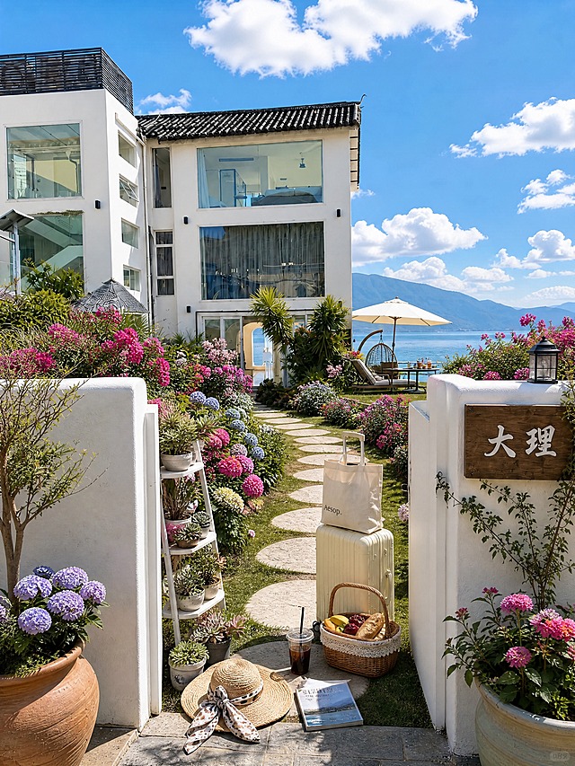 夏季大理洱海酒店种草图，保持整体色调不变，画面真实自然协调，增强生活感和入住感，素人感，精致好看，不要AI感，不要太假。增加更多夏季素人感摆件物品，物品更丰富，有生活感和氛围感，小红书大理海景民宿氛围，真实感，4K高清，不拼图。行李箱旁边放一个野餐篮装着水果和面包，草帽上系一条丝巾，石板路上放一杯冰美式和一本旅游攻略，草坪上增加一个吊椅和小桌子，门口放一个小花架摆满多肉，花园里增加更多三角梅和绣球花，远处露台放躺椅和遮阳伞。