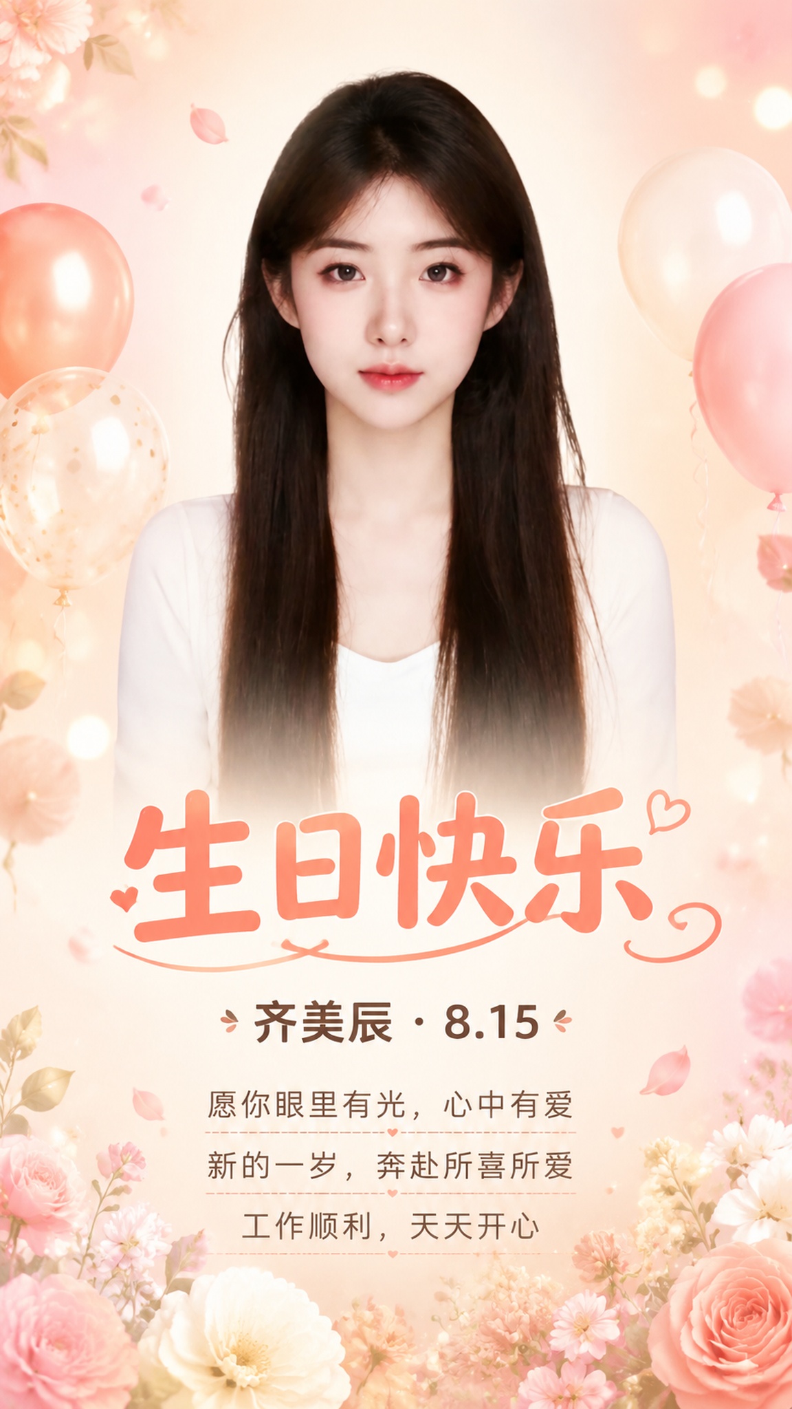 基于这张人物证件照，制作一张温馨自然的员工生日祝福海报，竖版9… - 图片创意预览