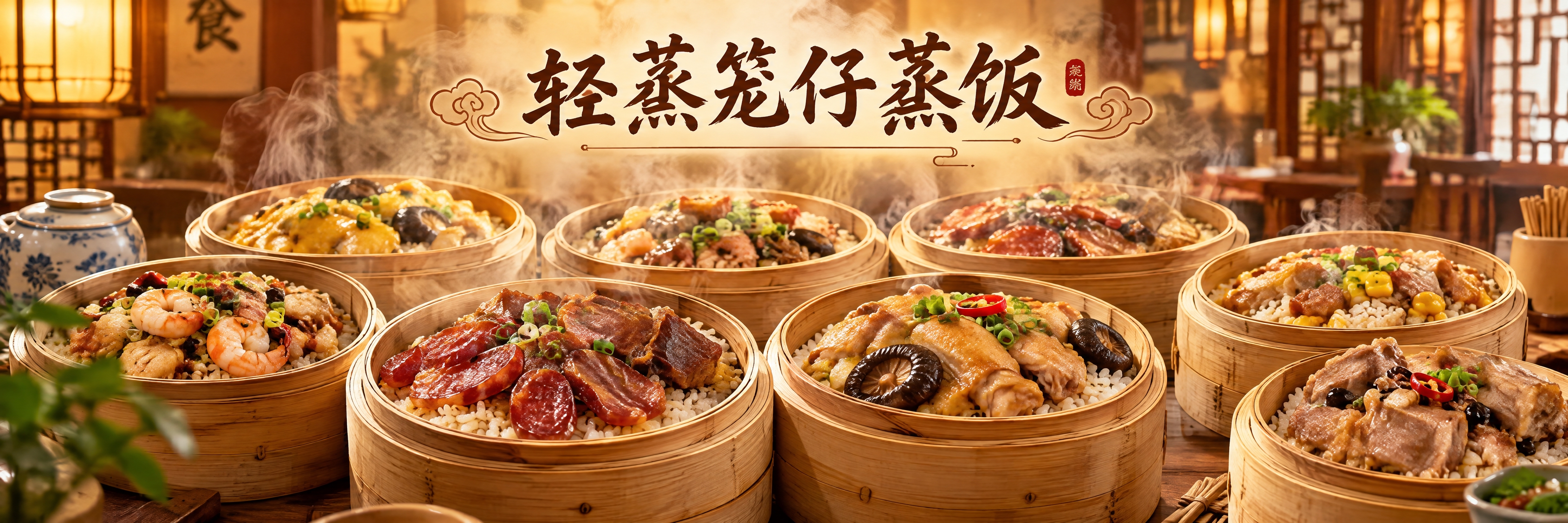 餐饮海报设计，店名"轻蒸笼仔蒸饭"，横版长幅构图，画面展示多笼… - 图片创意预览