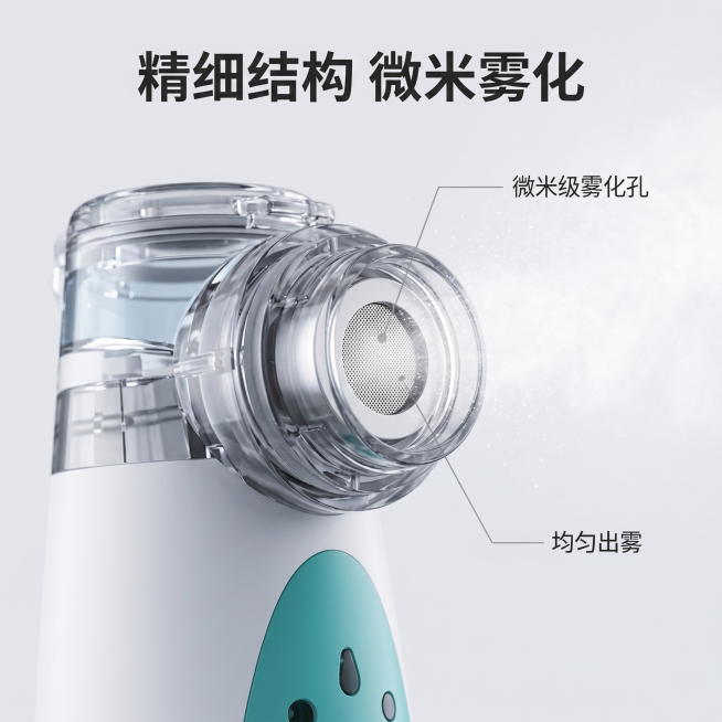 [主图 3] 便携式手持雾化器细节结构展示。
[氛围/风格] 医疗健康科技风，简约高级；商业摄影质感、光线柔和通透、产品清晰真实、画面干净高级。
[元素/光影] 产品核心部件微距特写展示，将雾化头部件预览效果