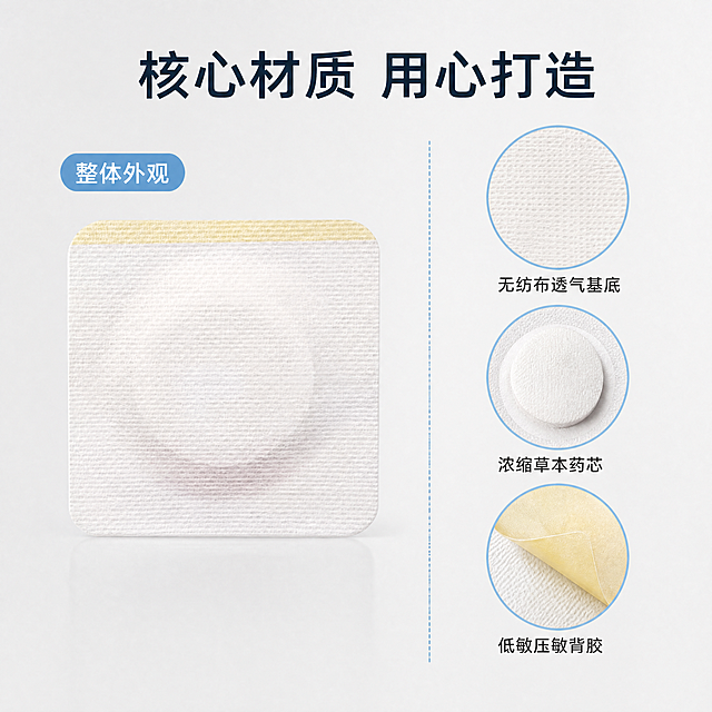 [主图-2]医用肚脐贴核心材质展示。[氛围风格]专业通透医疗质感风格。[画质]商业摄影质感、光线柔和通透、产品清晰真实、画面干净高级。[元素]保持肚脐贴整体外观与输入产品图一致，采用左右分栏结构。左侧产品大图展示完整肚脐贴，右侧三个局部放大圆形框分别标注无纺布基底、药芯、背胶三个部位，每个放大框下方配短句说明。背景浅灰干净底色。保持产品颜色材质与原图完全一致，精细化处理。[光影]均匀柔光打亮，放大框内细节清晰可见，光影层次自然。[配色]主浅灰，辅助浅蓝深灰文字对比。[视角构图]左大右小分栏，清晰突出材质细节。[文字版式]顶部主标题“核心材质 用心打造”，左栏产品上方小标注“整体外观”，右栏每个放大框下方配对应文字“无纺布透气基底”“浓缩草本药芯”“低敏压敏背胶”，文字清晰左对齐，不遮挡细节。[比例分辨率]1:1比例，4k分辨率；文字清晰锐利，画面超高清。[负向提示词]变形，水印，文字错乱，产品图模糊，背景杂乱。