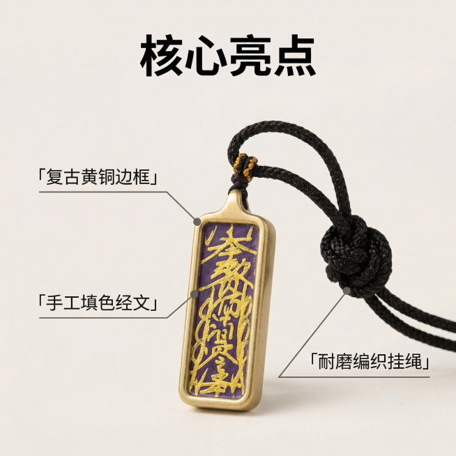 [主图 2] 唐卡吊坠核心亮点展示图
[氛围/风格] 中式国潮文化风，专业质感，细节清晰
[画面元素] 主体保留原图完整的唐卡负债清零吊坠，使用引线标注产品核心细节，分别指向黄铜外框、紫底金字唐卡文字预览效果