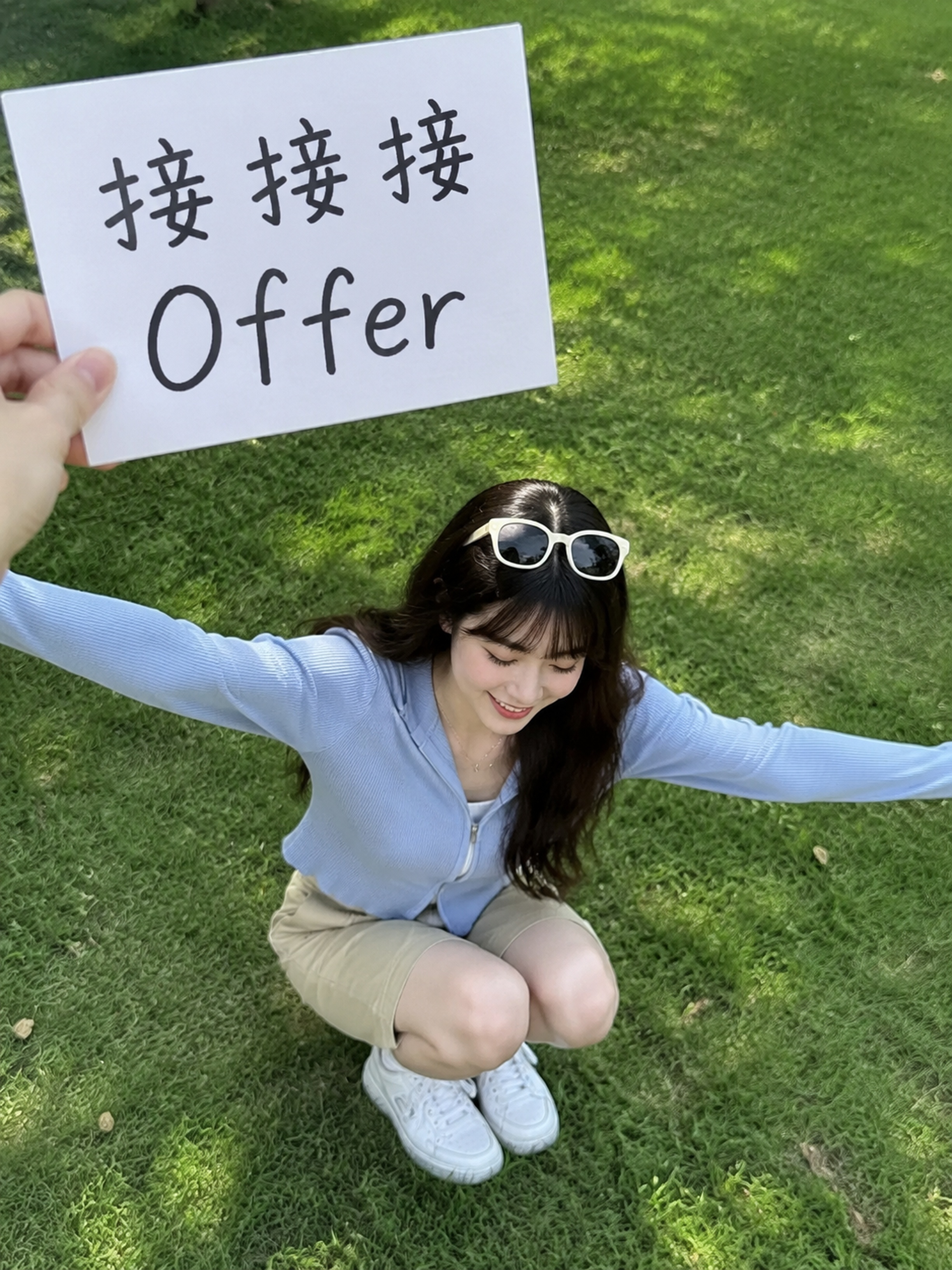 俯拍户外草坪人像，年轻女生蹲在青草地，双臂向两边张开，低头微笑… - 图片创意预览