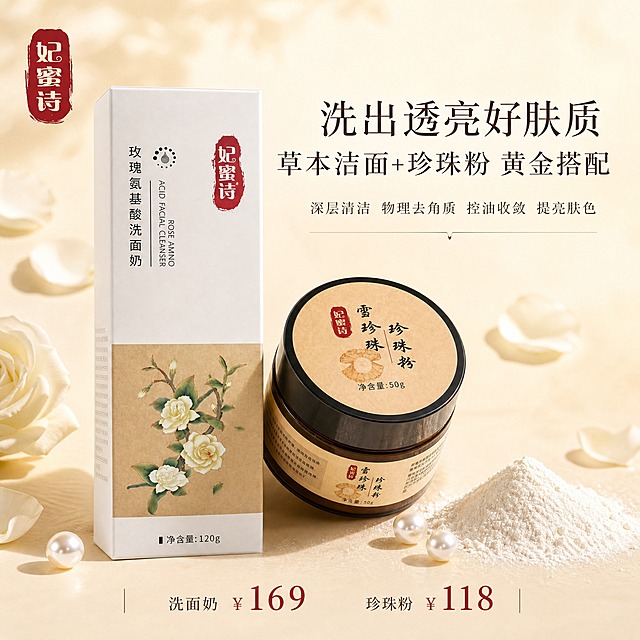 [主图-1] 首图品牌调性，展示妃蜜诗玫瑰氨基酸洗面奶与雪珍珠珍珠粉搭配套装，突出草本植萃天然养肤的高级质感。
[统一基调] 小红书原生感风格，整体柔和暖调，奶油米白+浅香槟金为主色，玫瑰花瓣与珍珠作为点缀元素，主标题用干净细衬线体，深棕褐色字，辅助文字用同色系小号非衬线体，整体氛围清新自然有生活仪式感，避免硬广风。
[画面] 画面中央偏下位置同时摆放妃蜜诗玫瑰氨基酸洗面奶包装盒（白色长方体，正面有红色印章式品牌Logo、竖排黑色产品名、底部米色山茶花插画区域，净含量120g）和雪珍珠珍珠粉圆罐（深棕色玻璃罐，米黄色标签，红色品牌印章，黑色书法字体产品名，净含量50g），两件产品呈自然错落摆放，洗面奶立放，珍珠粉罐略微倾斜靠在旁边，产品占画面约60%。背景为柔和的米杏色渐变，左上角散落几片新鲜白色玫瑰花瓣，右下角有2-3颗圆润珍珠和一小堆细腻白色珍珠粉，营造天然植萃氛围。左上角放置提取的同款红色印章式「妃蜜诗」品牌Logo。右侧上方为主标题区域，大字主文案分两行：「洗出透亮好肤质」「草本洁面+珍珠粉 黄金搭配」，下方小字辅助文案：「深层清洁 物理去角质 控油收敛 提亮肤色」。底部标注价格信息：「洗面奶 ¥169 珍珠粉 ¥118」。
[光影质感] 柔光箱自然光效，主光从左上方45度打下，产品表面有柔和高光，底部有自然接触阴影，整体通透干净，商业静物摄影质感，3D渲染级真实度。
[配色] 主背景奶油米白+浅香槟金渐变，点缀玫瑰白、珍珠光泽白、品牌红印章色，文字深棕褐色，价格用暖红色强调。
[文字版式] 主标题居右上，最大字号细衬线体，辅助文案字号缩小60%，价格信息在底部居中，用细线条分隔，整体留白充足，文字不遮挡产品主体。
[输出要求] 1:1正方形比例，2K高清，产品外观与输入图完全一致，文字清晰可读，无变形错字，画面干净高级，无水印无平台Logo，禁止出现生产厂家信息。