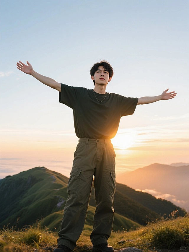 一个男生站在武功山山顶，背景日落，户外阳光下，人物穿短袖，工装裤，特写张开双臂，看镜头，半身照