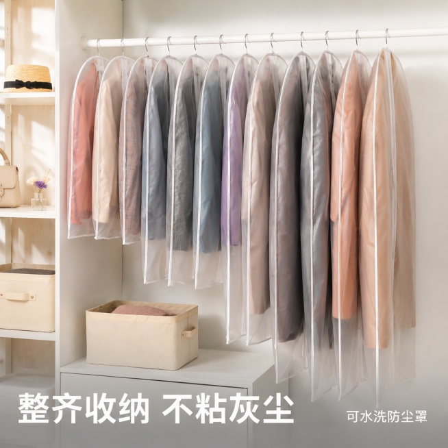 「图片1」「图片1」「图片1」，生成一套主图（5张），商品名称是衣物防尘罩，卖点是可水洗，家用挂式，保养衣物，防尘防潮，适配抖音平台，主图比例为1:1预览效果