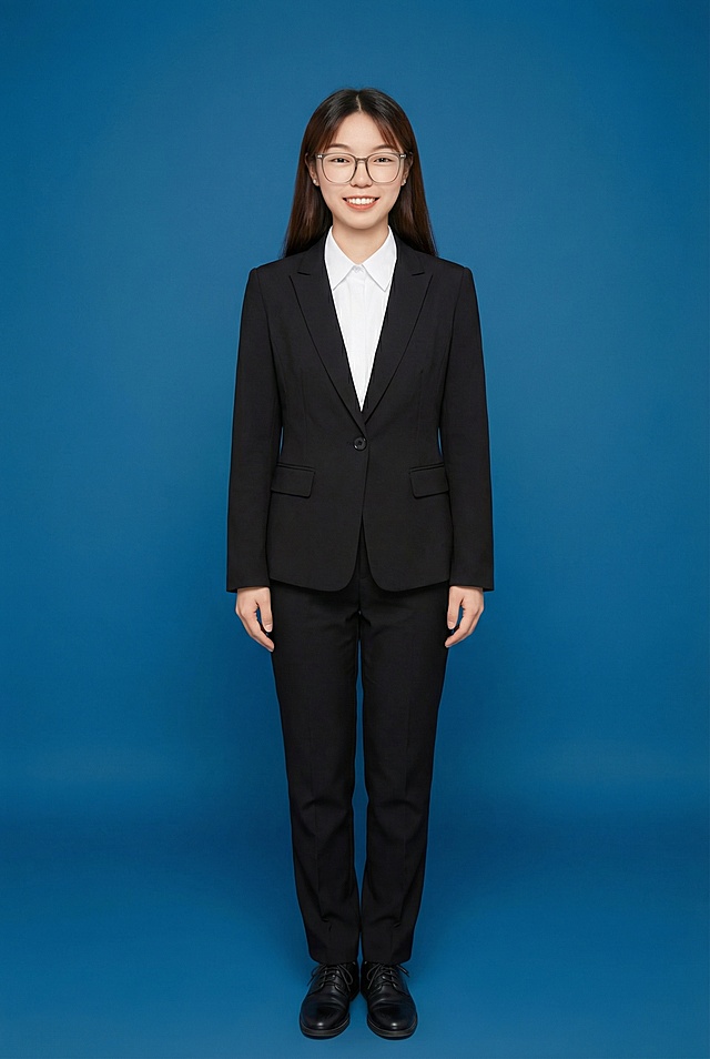 美化人物形象，根据人物面部特征生成职业风格全身照，人物双臂自然下垂