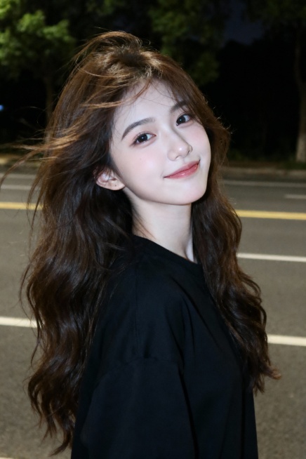 19岁网红女生，冷白皮，棕色长卷发被风吹动略显凌乱，穿着黑色上衣，站在夜晚户外街道场景中，背景有马路、树木，昏暗的环境给皮肤镀上一层清透的质感，带着“夜间随拍”的网感，既日常又有氛围感，做出可爱表情，预览效果
