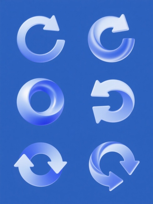 一组6个完全不同元素内容的系列素材集合，每个元素都保持与原图相同的3D立体风格，具有光滑的曲面、明显的高光和阴影过渡效果，元素类目与环形箭头相似，为抽象的几何功能性图标。整体画面色彩变为蓝色系，采用纯色背景，所有元素规整排布，形成统一协调的设计感。预览效果