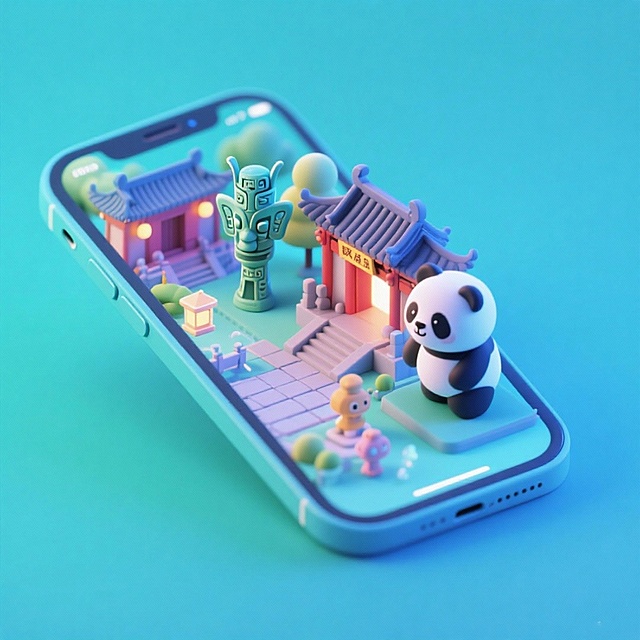一个手机创意微缩场景，手机平放，侧面对着观众，手机俯视角度，立体的成都景观从屏幕内出来，有熊猫，三星堆，武侯祠，整体色调立体魔幻。青色背景。具有梦幻感,打光营造出柔和氛围强调梦幻和未来感的美学。