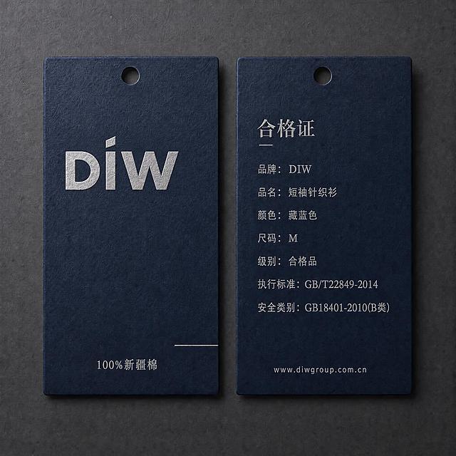 修改藏蓝色吊牌：将正面的DiW logo严格替换为参考图中的精确字体样式——D为粗体圆润无衬线、i为竖条上方带斜切菱形点、W为粗体现代无衬线，整体比例和形状与参考图完全一致，logo右下角不带®符号。logo保持银色烫印/压印效果在藏蓝卡纸上。其余内容（藏蓝底色、底部100%新疆棉、反面合格证全部内容、顶部挂孔）完全保持不变。高端服装吊牌质感，正面和反面并排展示在深灰背景上